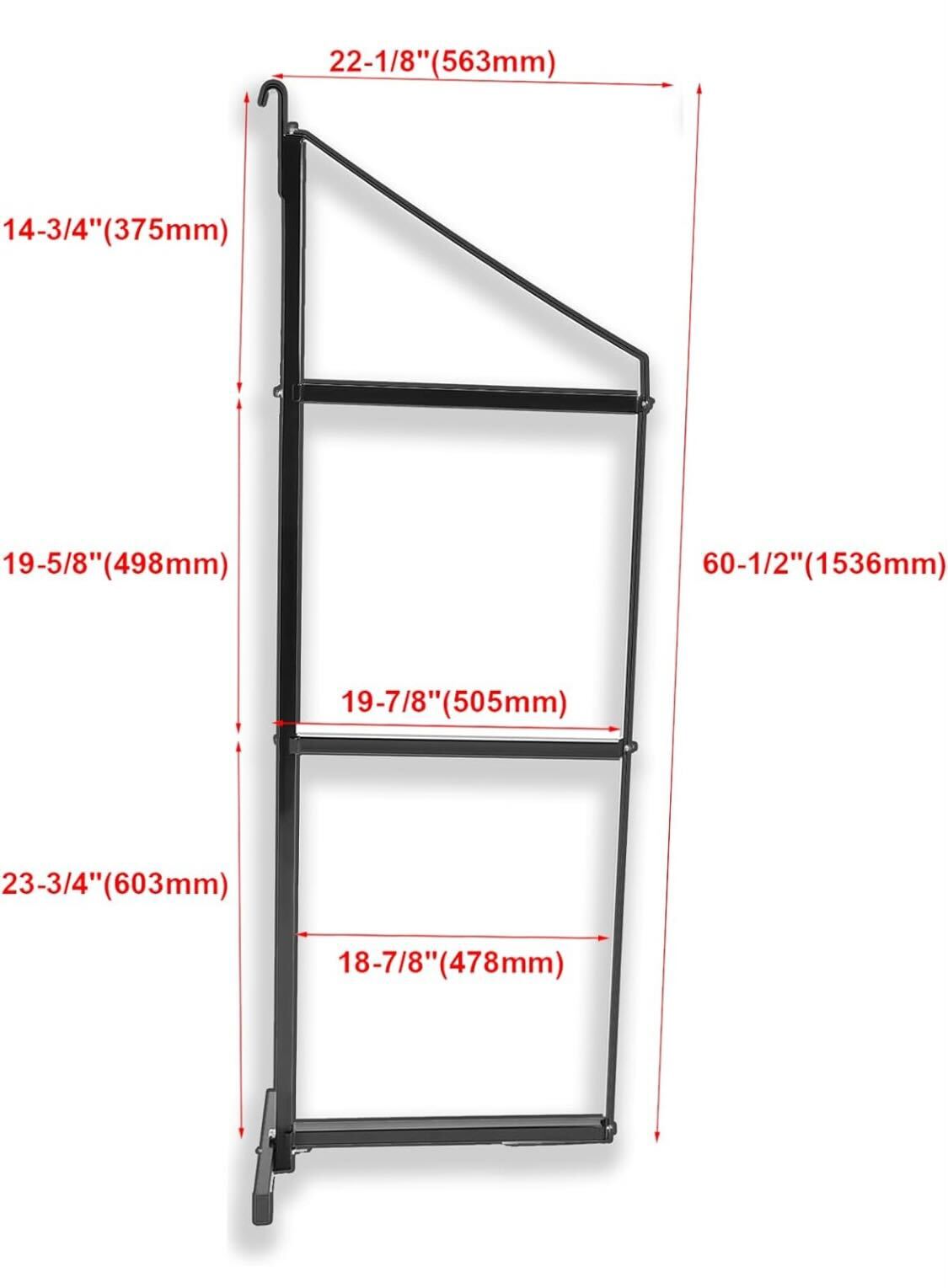 Stlbx Easy Storage Shelf Bracket dimensions: This shelving unit is specifically designed to be mounted in the pre-exisiting shipping container cargo hooks and measures 22-1/8" and deep x 60-1/2" tall. It holds three levels of shelving. The top level measures 14-3/4" tall. The middle level measures 19-5/8" tall and the bottom shelf measures 23-3/4" tall.
