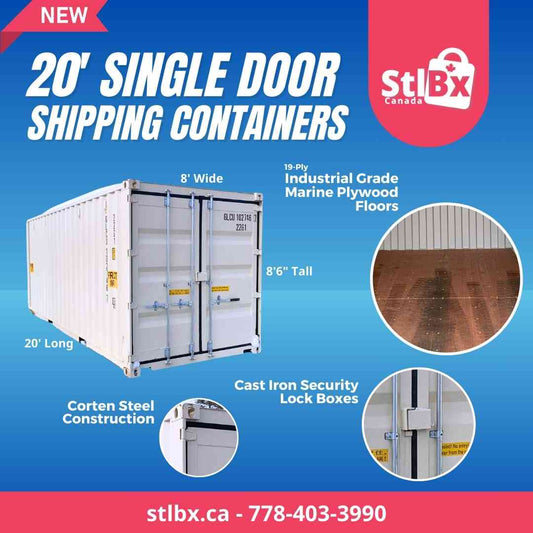 New 20' shipping containers for sale in Canada. Image features construction specs and dimensions.
